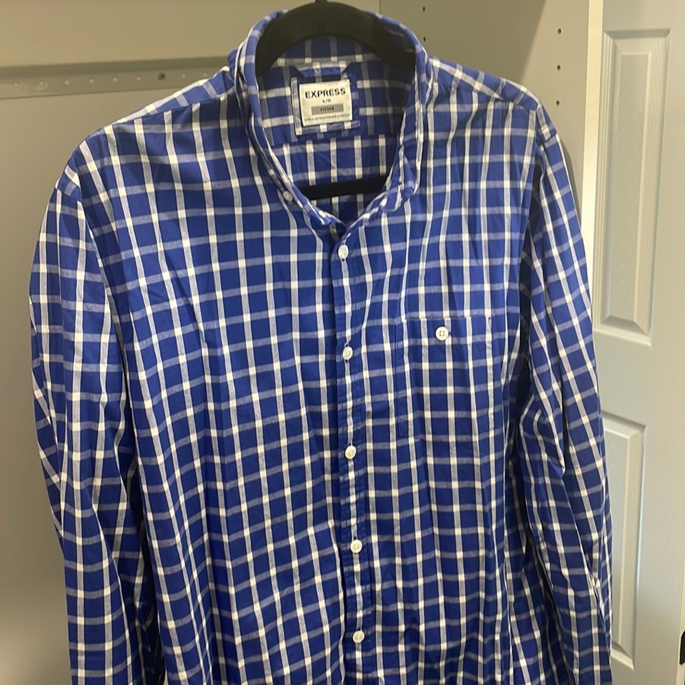 Express Blue and white plaid button down dress shirt FITTED